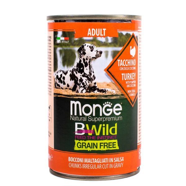 Monge Dog BWild GRAIN FREE беззерновые консервы из индейки с тыквой и кабачками для взрослых собак всех пород 400г