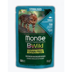 Monge Cat BWild GRAIN FREE паучи из тунца с креветками и овощами для стерилизованных кошек 85 г