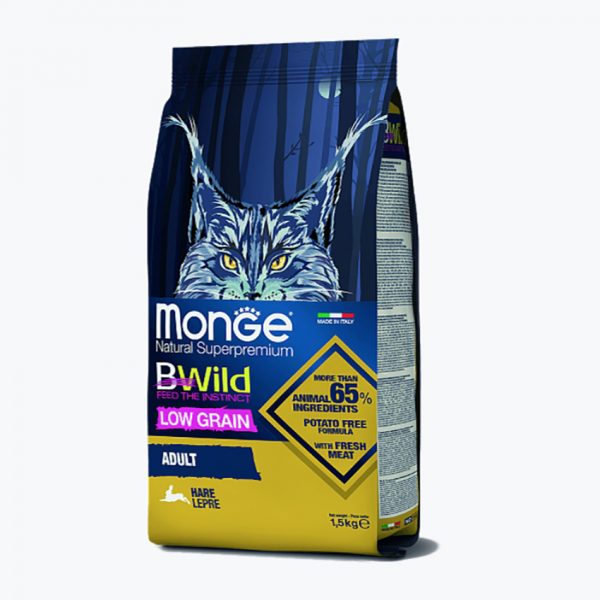 Monge Cat BWild LOW GRAIN низкозерновой корм из мяса зайца для взрослых кошек 1,5 кг
