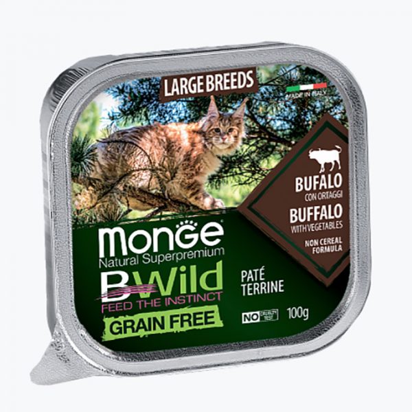 Monge Cat BWild GRAIN FREE беззерновые консервы из буйвола с овощами для кошек крупных пород 100 г