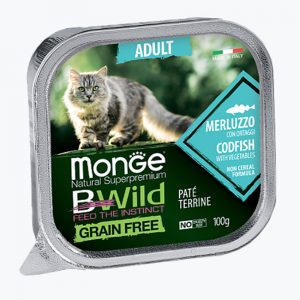 Monge Cat BWild GRAIN FREE беззерновые консервы из трески с овощами для взрослых кошек 100 г