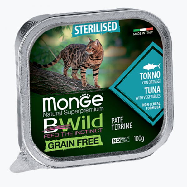Monge Cat BWild GRAIN FREE беззерновые консервы из тунца с овощами для стерилизованных кошек 100 г