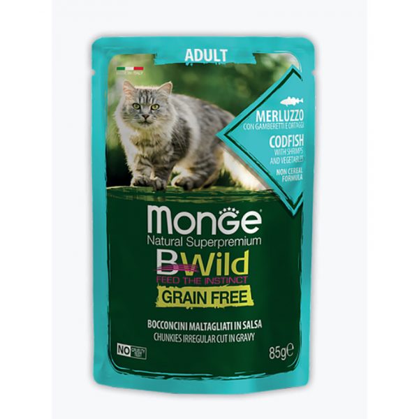 Monge Cat BWild GRAIN FREE паучи из трески с креветками и овощами для взрослых кошек 85 г