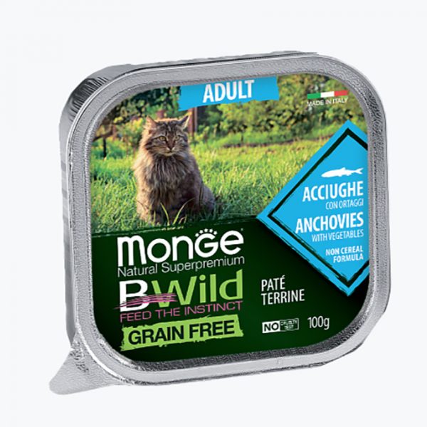 Monge Cat BWild GRAIN FREE беззерновые консервы из анчоусов с овощами для взрослых кошек 100 г
