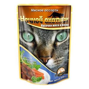 Пакет дой-пак для кошек "Ночной охотник" Мясное ассорти в желе 100 гр.