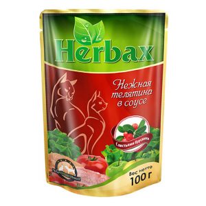 Пакет дой-пак herbax 100 гр. для кошек нежная телятина в соусе с листьями брусники
