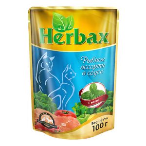 Пакет дой-пак herbax 100 гр. для кошек рыбное ассорти в соусе с мятой