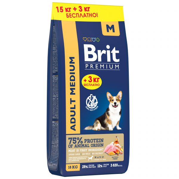Brit Premium Dog Adult Medium с кур. д/вз.собак ср.пород 15 кг (+3 кг в подарок)