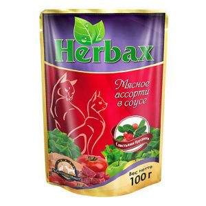 Пакет дой-пак herbax 100 гр. для кошек мясное ассорти в соусе с листьями брусники