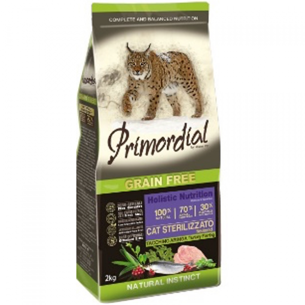 PRIMORDIAL 2кг сухой корм для стерилизованных кошек беззерновой индейка сельдь