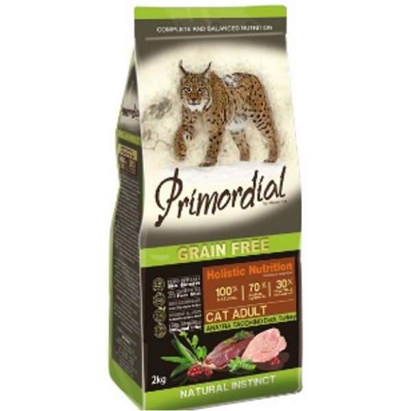 PRIMORDIAL 2кг сухой корм для кошек беззерновой утка индейка