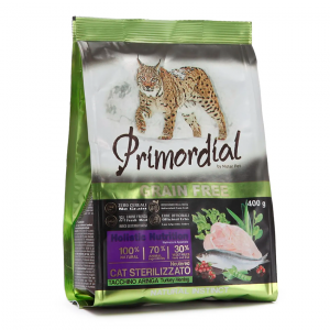 PRIMORDIAL 400г сухой корм для стерилизованных кошек беззерновой индейка сельдь