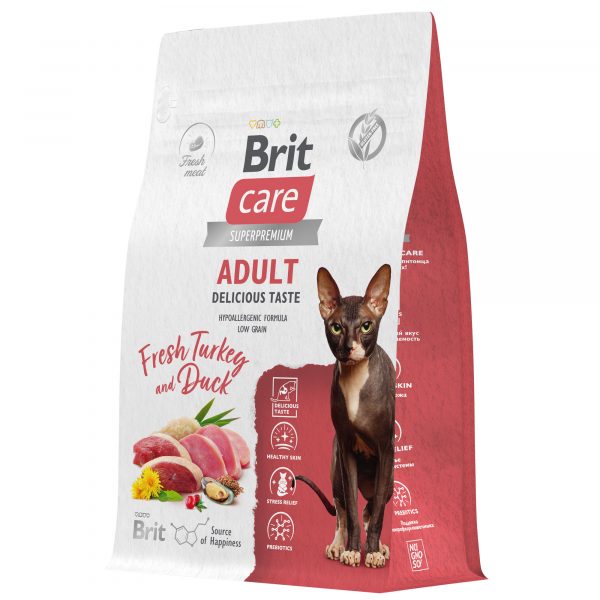BRIT CARE, Сухой корм с инд. и уткой д/взр.прив.кошек "Cat Adult Delicious Taste", 0.4 кг