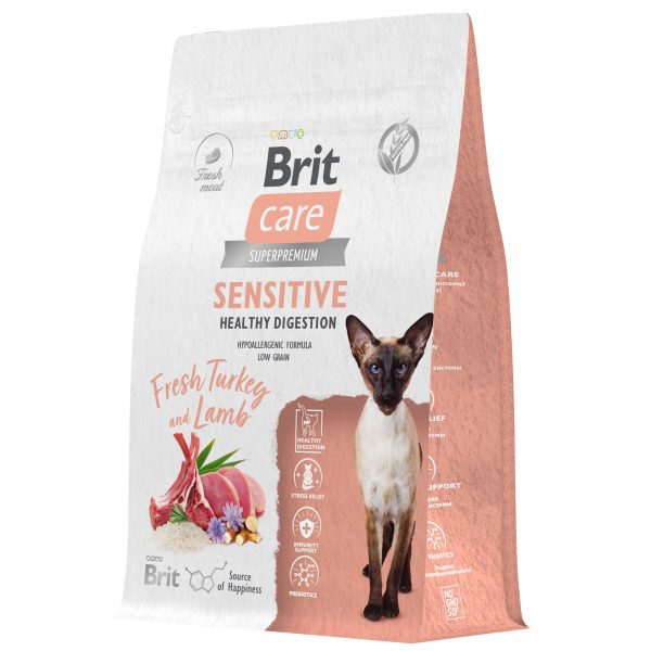 BRIT CARE, Сухой корм с инд. и ягнёнком д/взр.кош "Cat Sensitive Healthy Digestion", 0.4 кг
