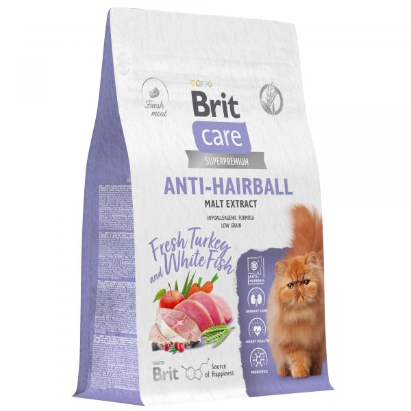 BRIT CARE, Сухой корм с белой рыбой и индейкой для взр.кошек "Cat Anti-Hairball ", 0.4 кг