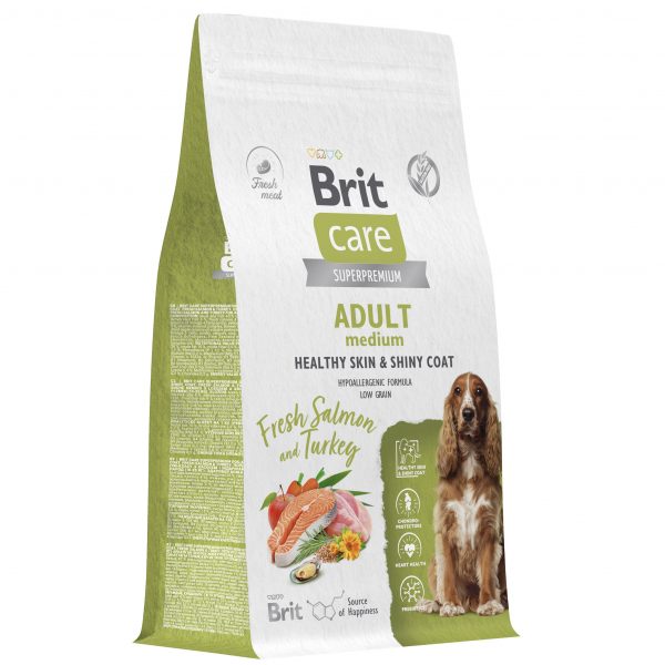 BRIT CARE,Сухой корм с лососем и инд. д/соб.ср.п."Dog Adult M Healthy Skin&Shiny Coat",1.5кг